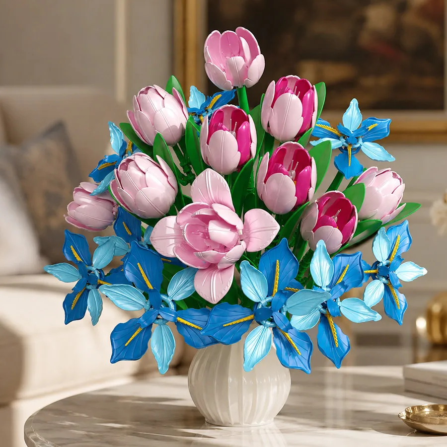 Artificial Flower Building Block Bouquet, Sunflower and Rose Mixed Floral, Eternal Flower Gift for Mothers Day, Birthday
