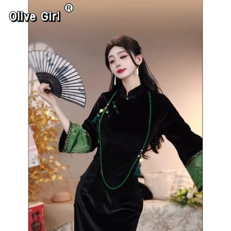 

Olivegirl Chinese Dress Qipao Velvet Cheongsam Dress Long Dress National Style Improved Cheongsam Green