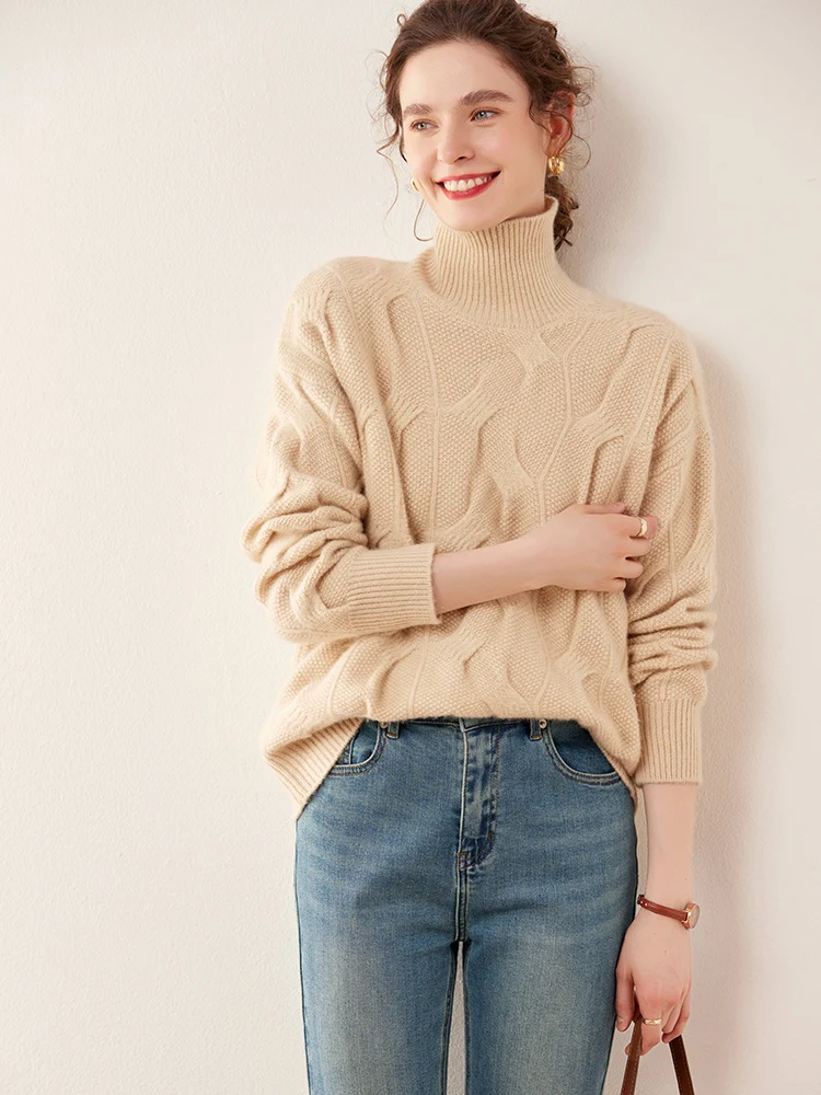 

Women's 100% Cashmere Sweater For Winter Thick Soft Warm Turtleneck Twist Flower Cashmere Knitwear Female Casual Loose Jumpers