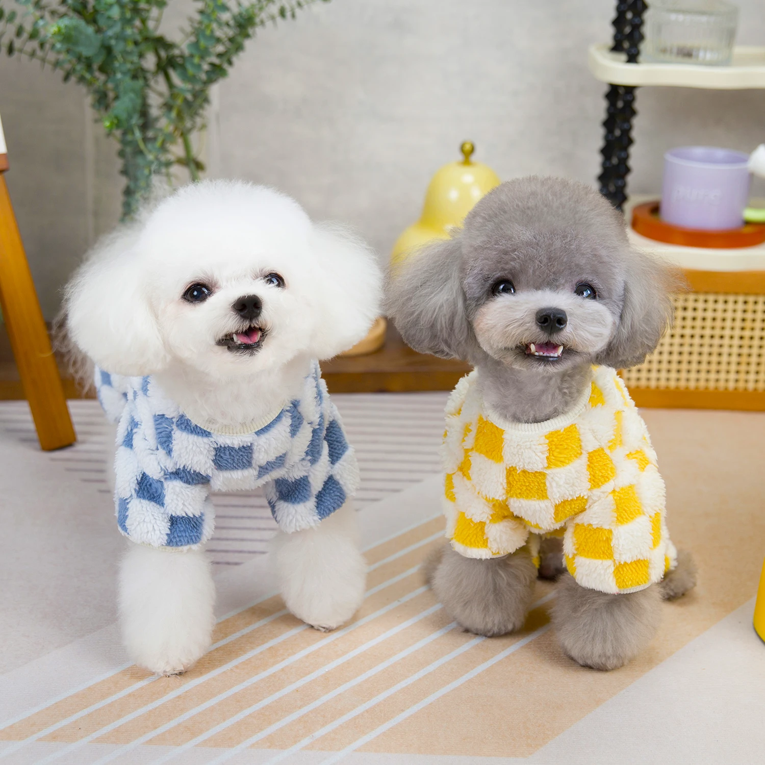 Pet Autumn Winter Plush Clothing With Grid Style Double Sided Plush And Multiple Sizes Suitable For Various Cats Dogs