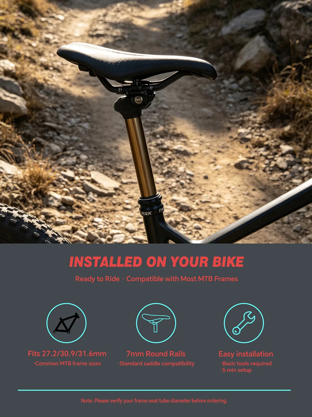 TOSEEK Fahrrad-Sattelstütze 27,2/30,9/31,6mm 105/130/155mm Federweg, interne Kabelführung, Fernbedienung, Hebe-MTB-Sattelstütze – Detail 9