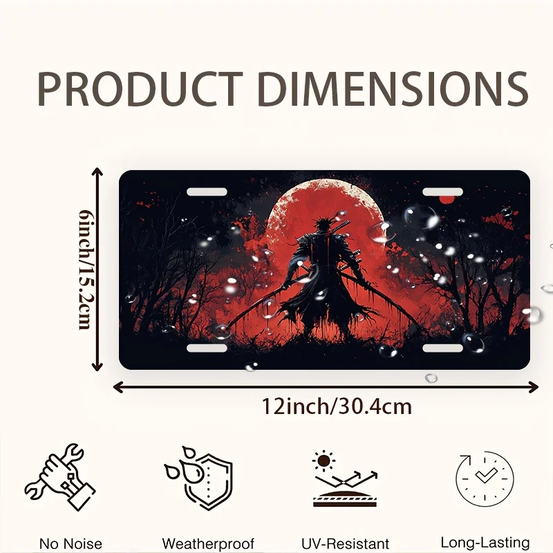 2D Flat - 1pc Samurai Under Blood Moon Front License Plate | 15.24x30.48 cm Aluminum Cover, Vibrant Samurai and Full Moon Design