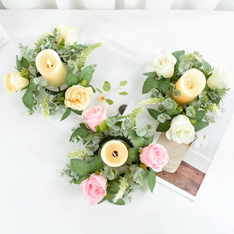 

1PC Easter Artificial Roses Candle Ring Simulation Flower Wreaths Wedding Easter Party Decor Candle Holder Wreath Banquet Supply