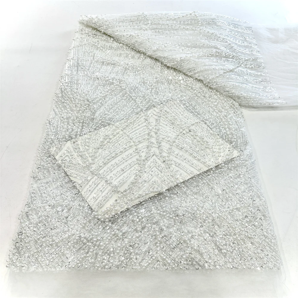 

2025 African Lace Fabric French Nigerian 2025 New Lace With Beads Sequins Mesh for Embroidery Wedding Party Bride Sewing Dress
