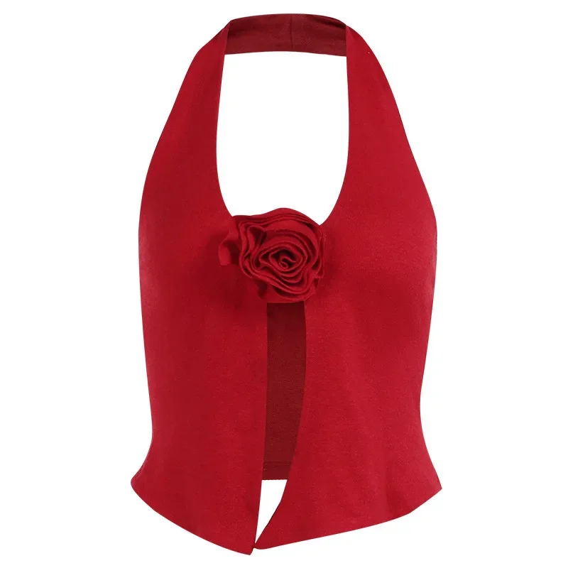 Summer New Fashion Style Spicy Girl Sexy Slim Fit Flower Design Hanging Neck Knitted Tank Top for Women CSM69-4
