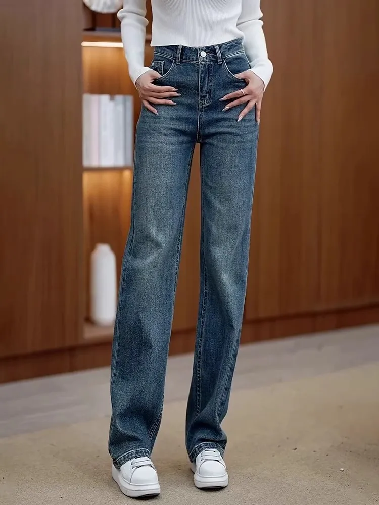 

Женские джинсы прямого кроя на флисовой подкладке, утепленные, с высокой талией, длинные брюки из денима, осенне-весенние, новинка