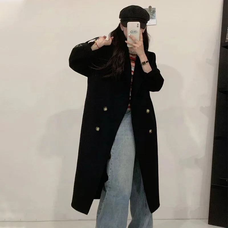 New Natural Alpaca Double-sided Woolen Coat Women Long Loose Lapel Warm High-end Wool Jacket Simple Fashion Pocket Fit Winter