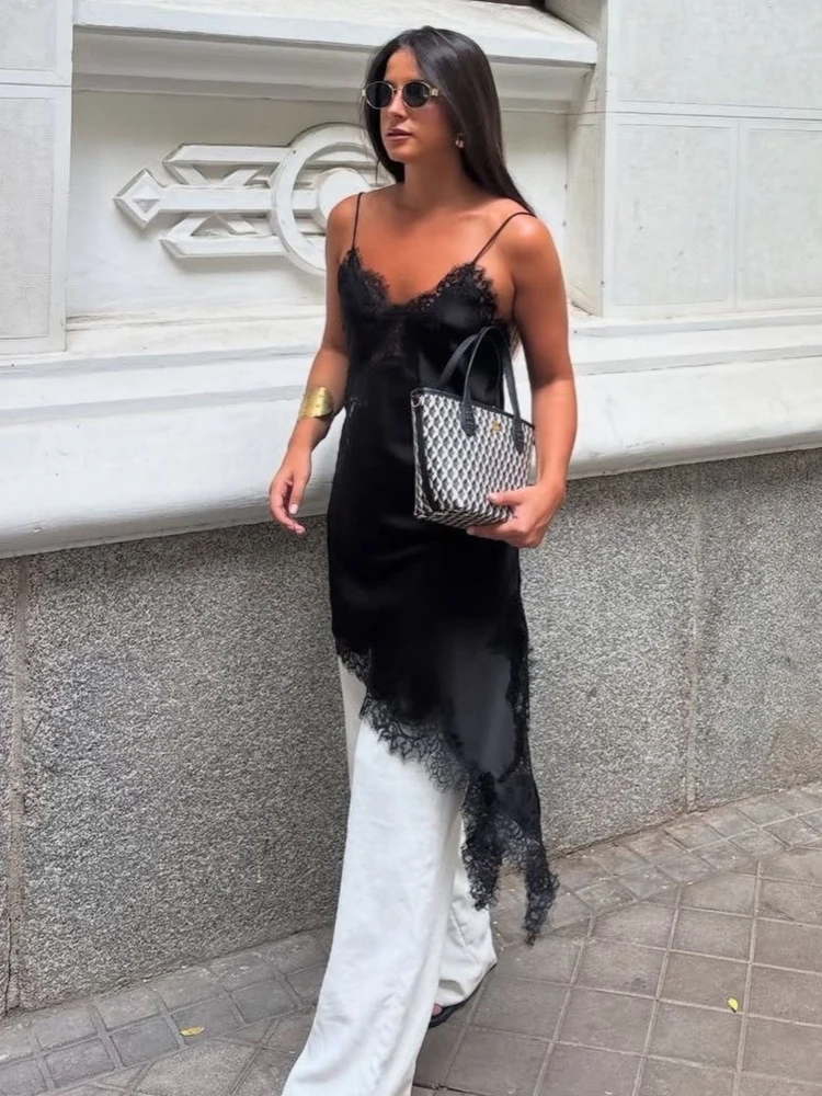 HH 2026 Spring Summer Elegant Satin Lace Sling Dress For Women Sexy Asymmetry Sleeveless Backless Party Dress Lady Beach Dress