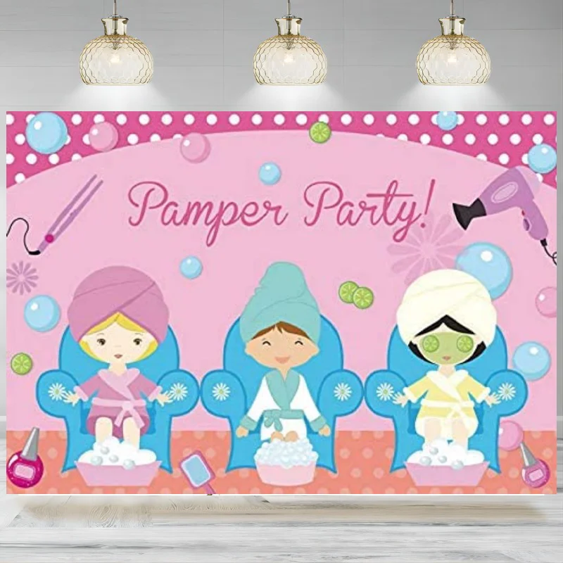 Pamper Party Backdrop Theme Party Decoration Bubbles Foot Bath Pink Photographic Background Birthday Cosmetic Banner Decoratio