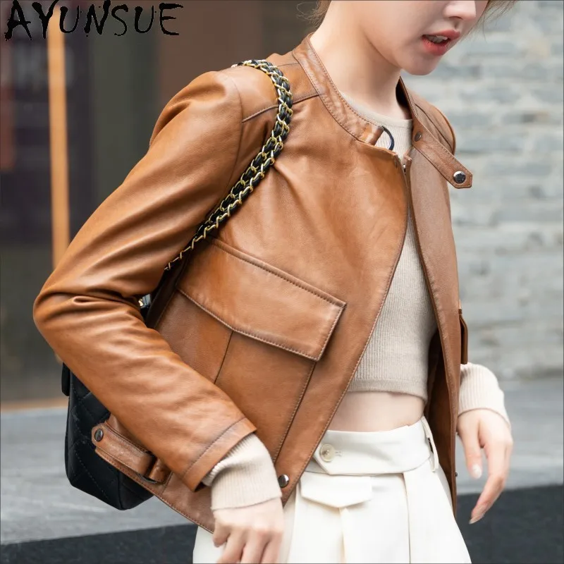 AYUNSUE Echtes Schaffell Echt Leder Jacke Frau 2025, Motorrad Mantel Damen Frühling Herbst Kleidung Stehen Kragen Jaqueta Couro