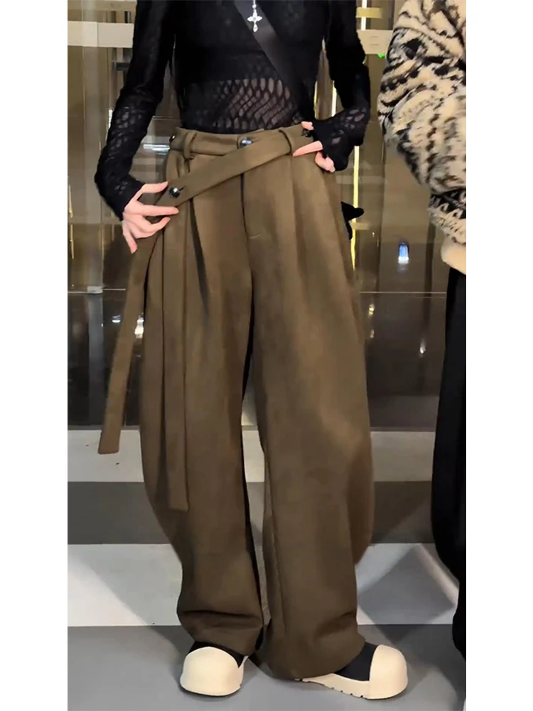 Suede Ribbon Suit Pants For Men, Spring And Autumn Wide Leg Curved Knife Pants High Waist Pants, Hanging Straight Leg Casual