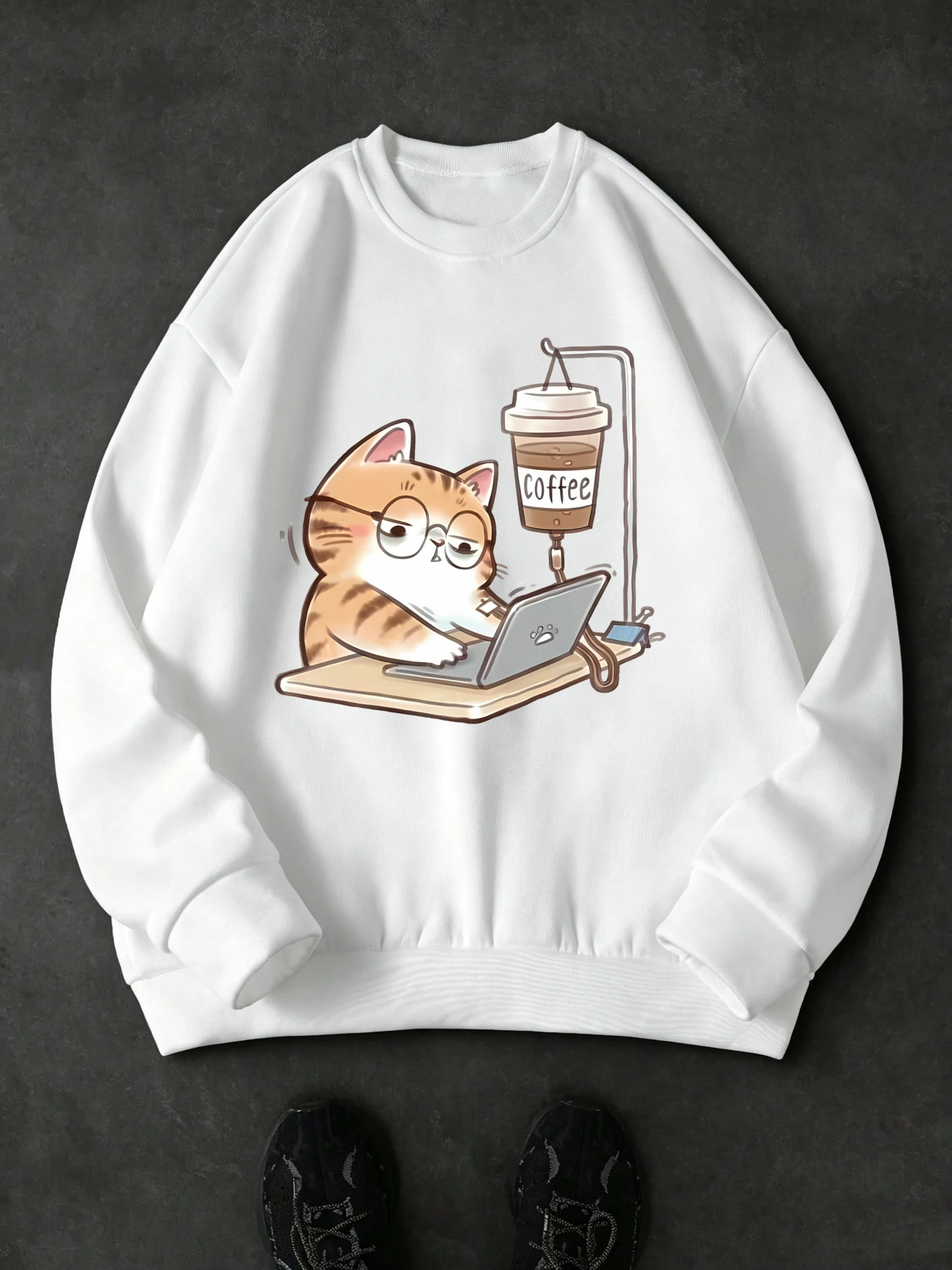 Work Cats That Cannot Do Without Coffee Print Tracksuit Man O-Neck Warm Sweatshirts Hip Hop Casual Pullover Daily Street Clothes