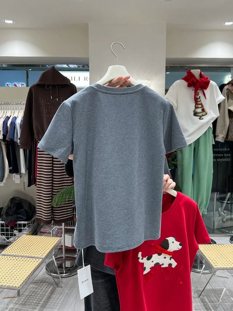 اليمين الكتف جولة الرقبة المطرزة الكرتون تيز الخريف سميكة نحى القطن أنيق الشباب فضفاض تي شيرت كامل للفتيات