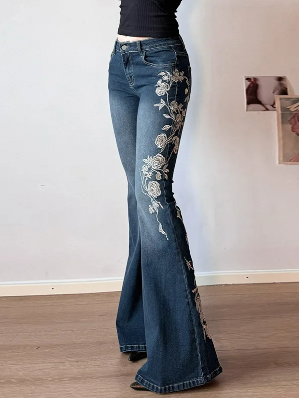 

Low Waist Embroidered Flared Jeans Women's Casual Sle Pleated Bootcut Denim Pants Spring Season Deep Color Slim Fit