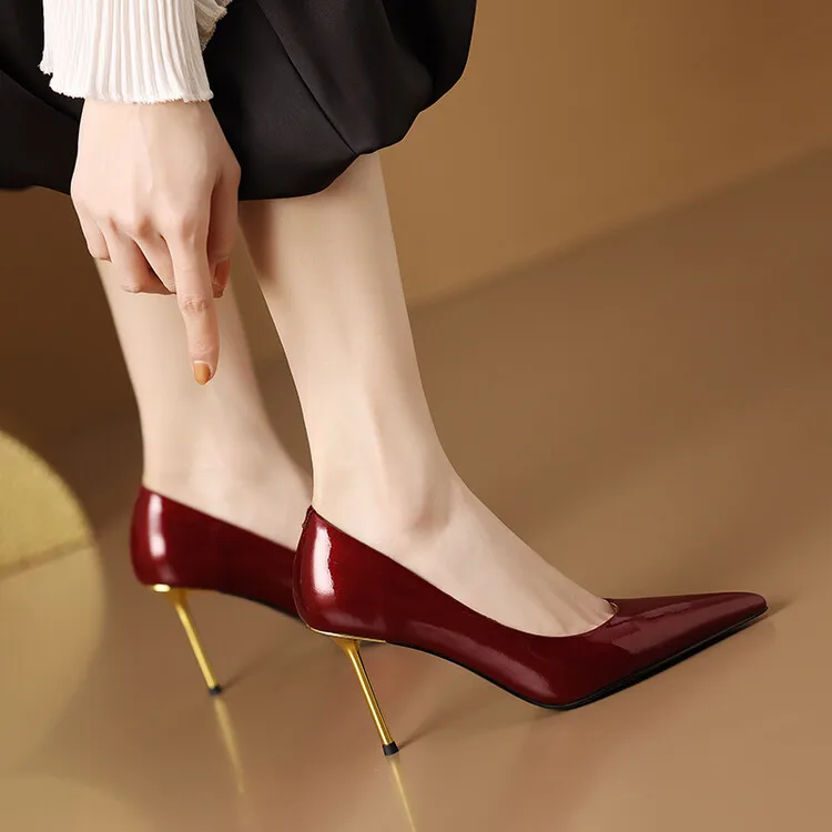 Wine Red Shallow Women Dress Pumps Slip On Pointed Toe Formal Working Shoes Black Leather Iron Thin High Heels Prom Zapatillas