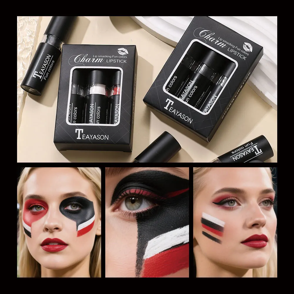 3-in-1 mattierter Lippenstift und Körperbemalung Trio, nicht transferendes Samt-Finish, inklusive Schwarz, Weiß, Rot für Lippen, Gesichts- und Körperbemalung Cos Halowe