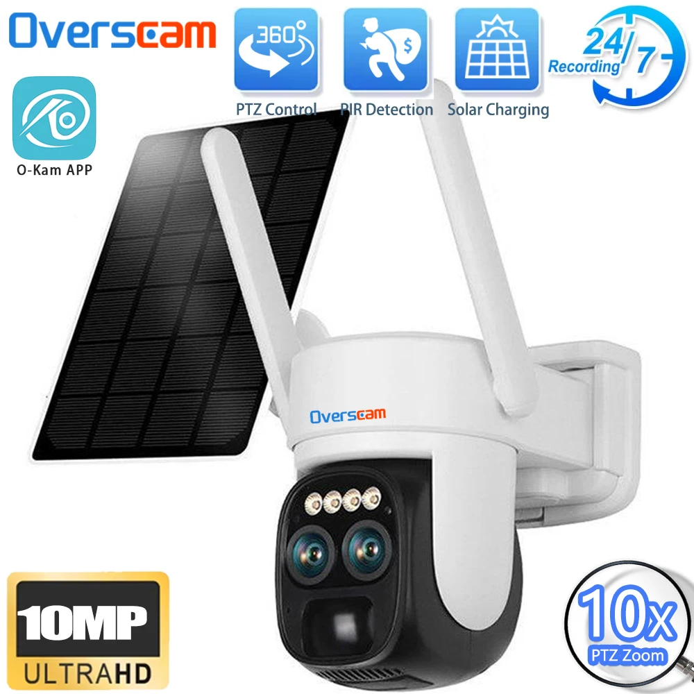 

5K Dual Lens 10x PTZ Zoom O-Kam Solar Wireless 24/7 Low Power Battery Wifi 10MP Colorful Night Vision PIR Detection Solar Camera