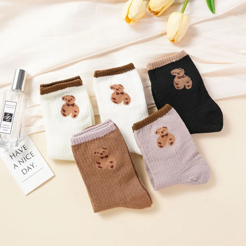 Cartoon Little Bear Knit Socks Fashion New Maillard Color Series Children Autumn And Winter Solid Color Casual Middle Tube Socks