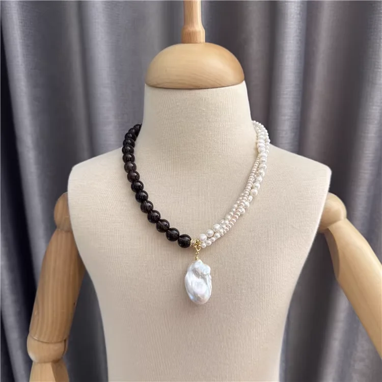 

Natural Smoky Quartz Brown With Freshwater Pearl Collarbone Necklace