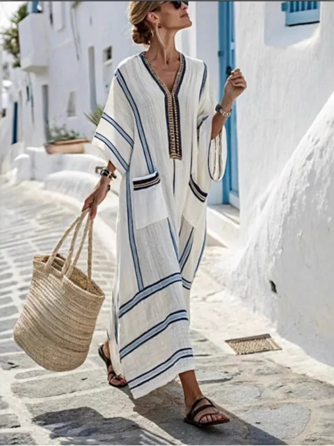 Vestido de lino a rayas extra largo en V, ideal verano y playa