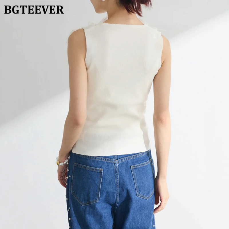 BGTEEVER Stijlvolle V-hals Single-breasted Vrouwelijke Gebreide Vesten Zomer Ruches Vrouwen Tank Tops Dames Hemdje