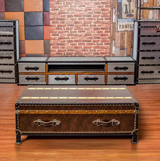 Retro industrial style coffee table, medieval coffee shop storage coffee table, cigar bar, whiskey leather tea cabinet