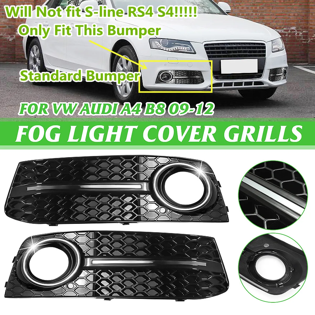 

Chrome Silver Pair Car Front Bumper Fog Light Comb Grilles Grill For Audi A4 B8 2009-2012 ABS Fog Light Cover S4 Styling Parts