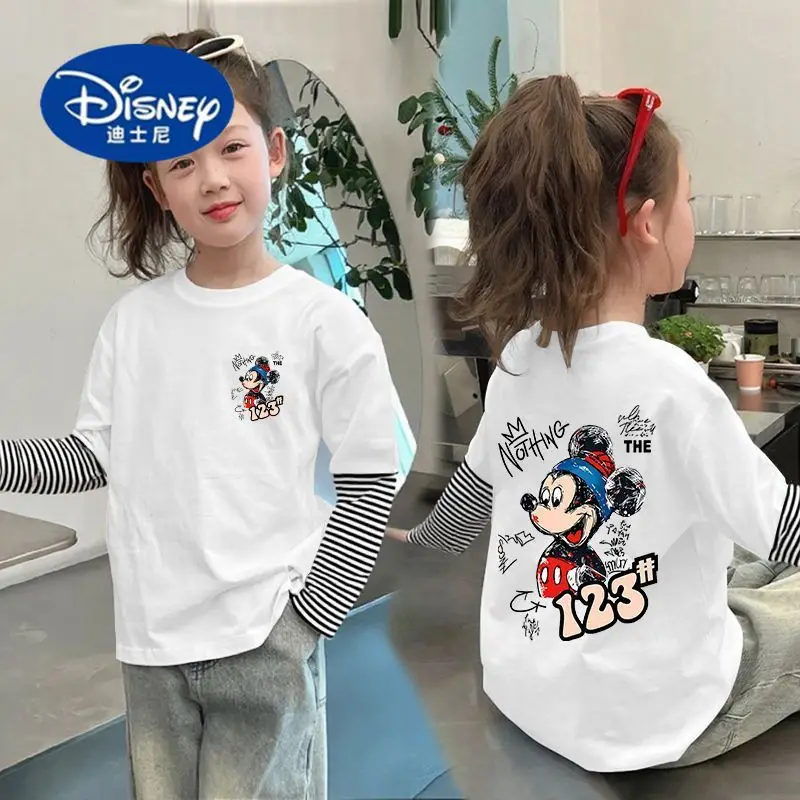 

Disney 2025 Kids' Layered Long Sleeve Tee - False Two-Piece Cotton Top, Korean Style Fall Fashion