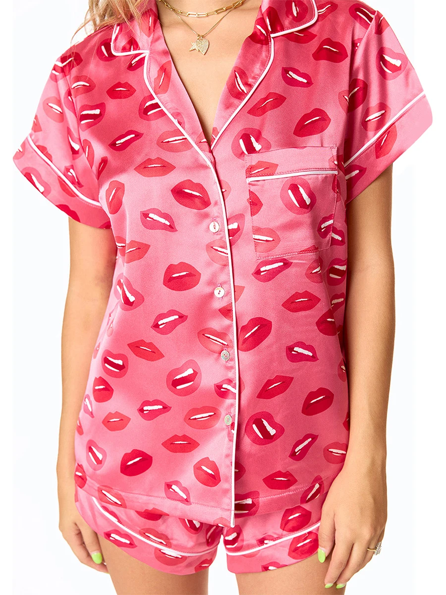 Women Sweet Lips/Heart Print Pajamas Sets Short Sleeve Button Down Pjs Sets Cute 2 Piece Lounge Sets Y2k Preppy Sleepwear