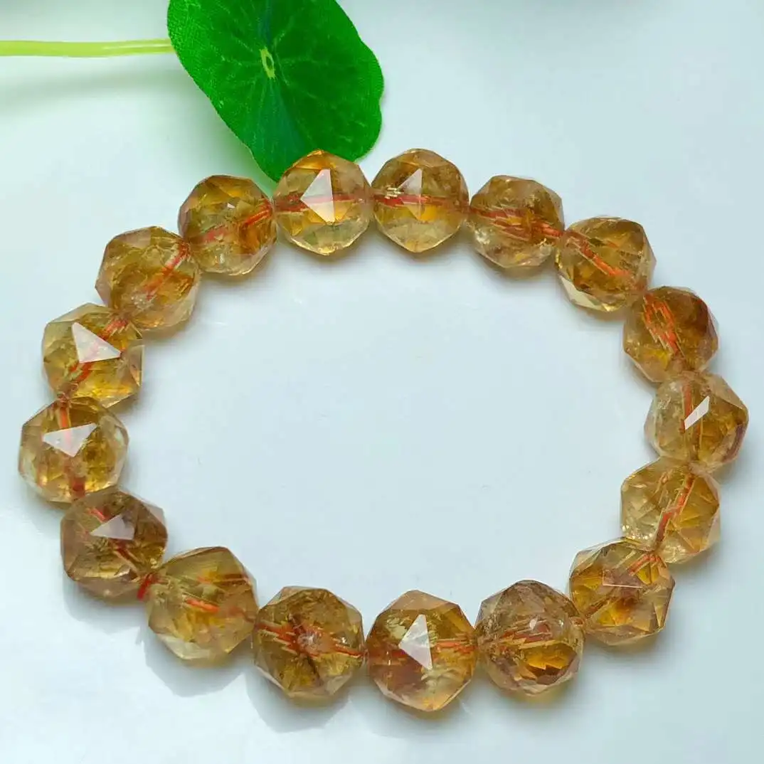 Natural Citrine Facet Beads Bracelet Handmade Real Quartz Jewelry for Woman Men Unisex Stretch Bangle Gift