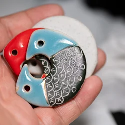 Double-Hole Ceramic Fish Pendant Vintage Oriental Style 48x40mm High-Temperature Craft