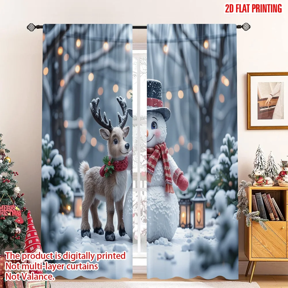 

2pcs 2D flat printing Merry Christmas Curtain Cute Snowman Reindeer Christmas Scene Polyester Without Electricity Festive