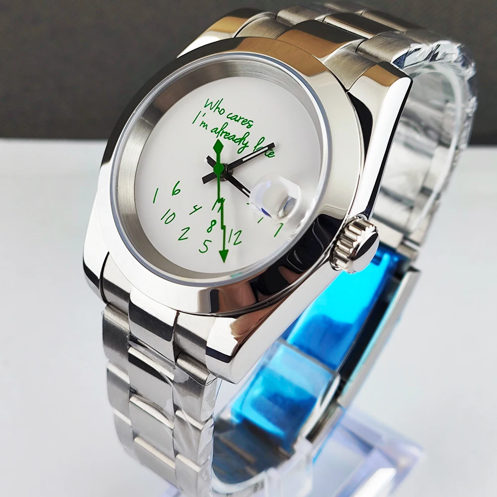 39mm/36mm nh35 Watch Who cares im already late Watch Green Dial No Logo Sapphire Crystal Glass NH35 Automatic Movement