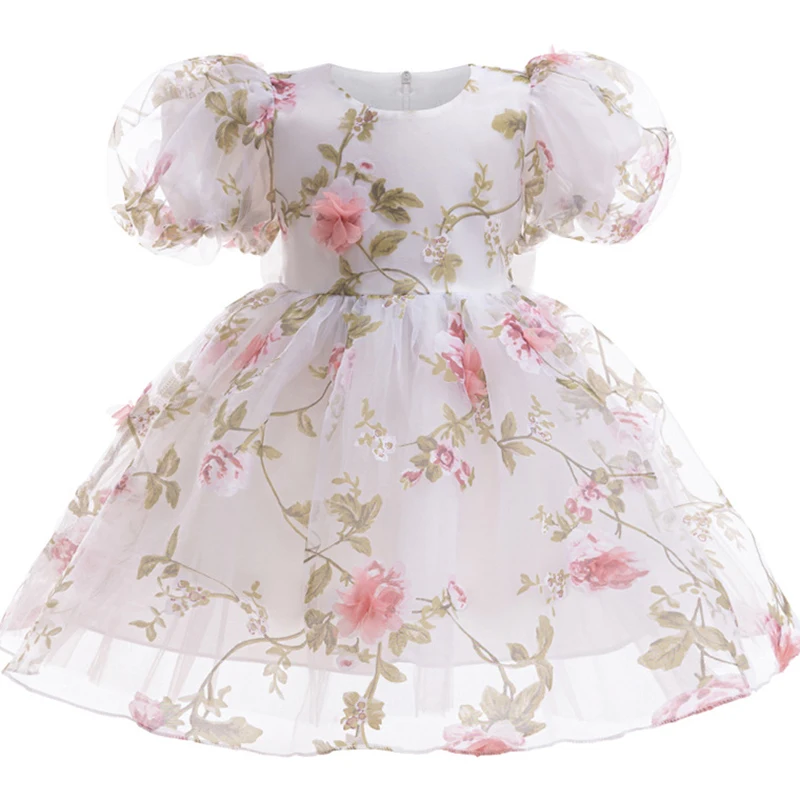 1 2 3 4 5 6 Years Rose Girls Dress Summer Mesh Fashion Bow Little Princess Baby Dress Christmas Birthday Gifts New Kids Clothes