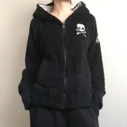 American Vintage Black Plush Jacket Women Autumn Winter New Embroidered Skull Cross Niche Berber Fleece Hottie Zip Up Hoodie