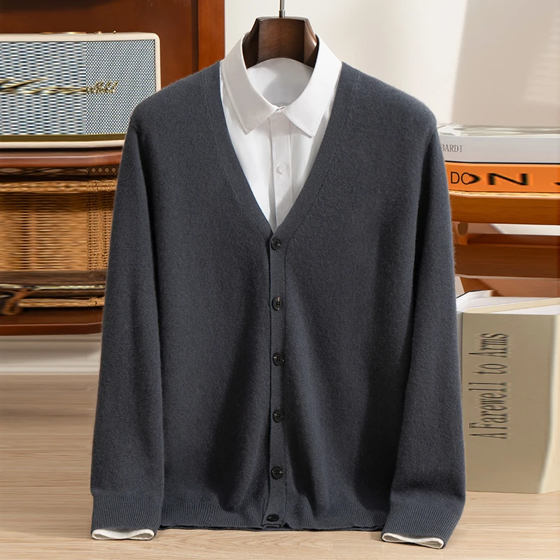 Autumn Winter New Arrival Classic Men's Cashmere Cardigan V-Neck Sweater Casual Versatile Open Front Sheep's Wool Jacket