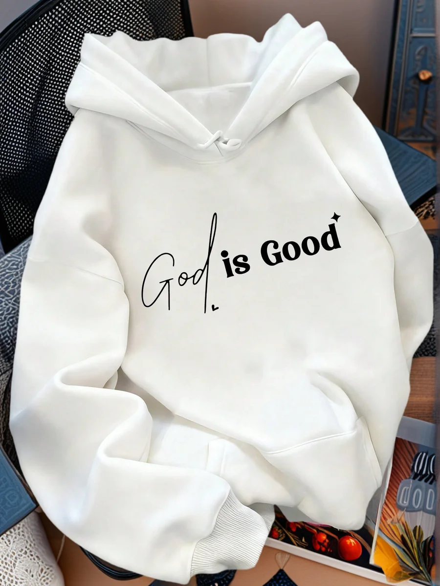 

Women's Loose Fit White Hoodie with Script Letter Print