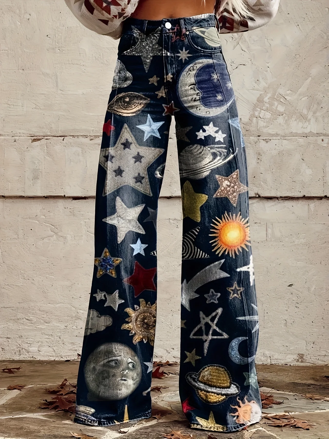 Women's imitation jeans with printed high waisted flared pants, retro fashion, high and slim, Exquisite button craftsmanship