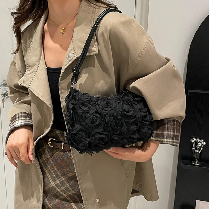 Fashion 3D Rose Floral Shoulder Bag for Women, Knotted Adjustable Top Handle,Romantic Evening Handbag for Wedding Underarm Bags