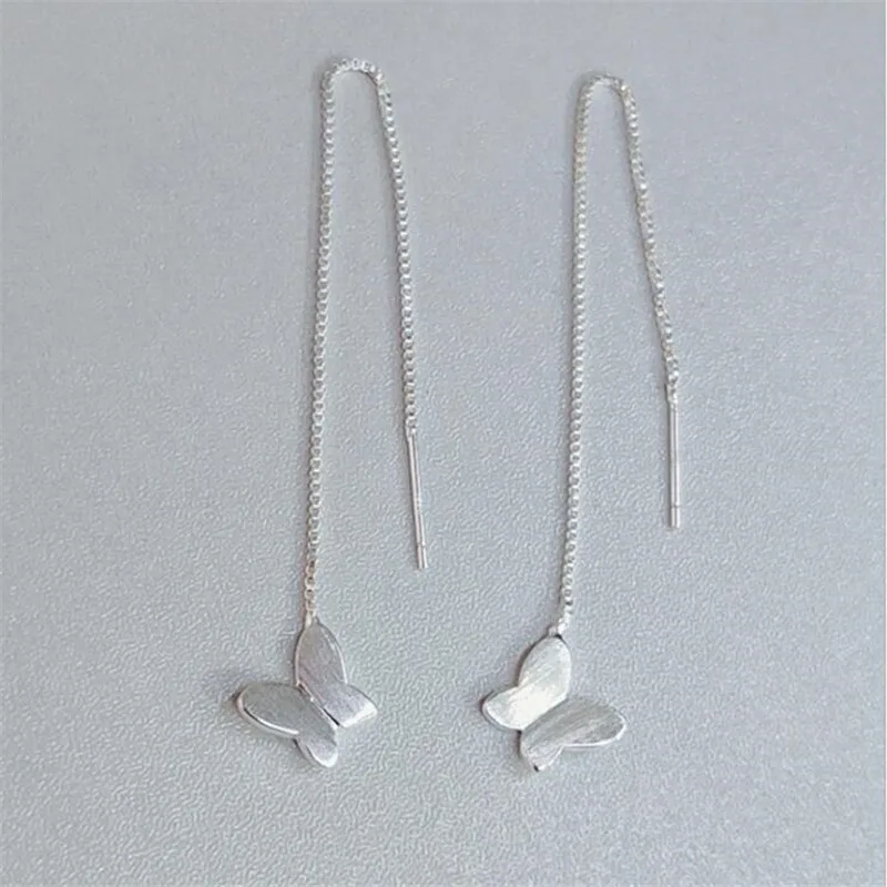 New Korean Sweet Brushed Butterfly 925 Sterling Silver Jewelry Temperament Long Ear Line Popular Earrings E137