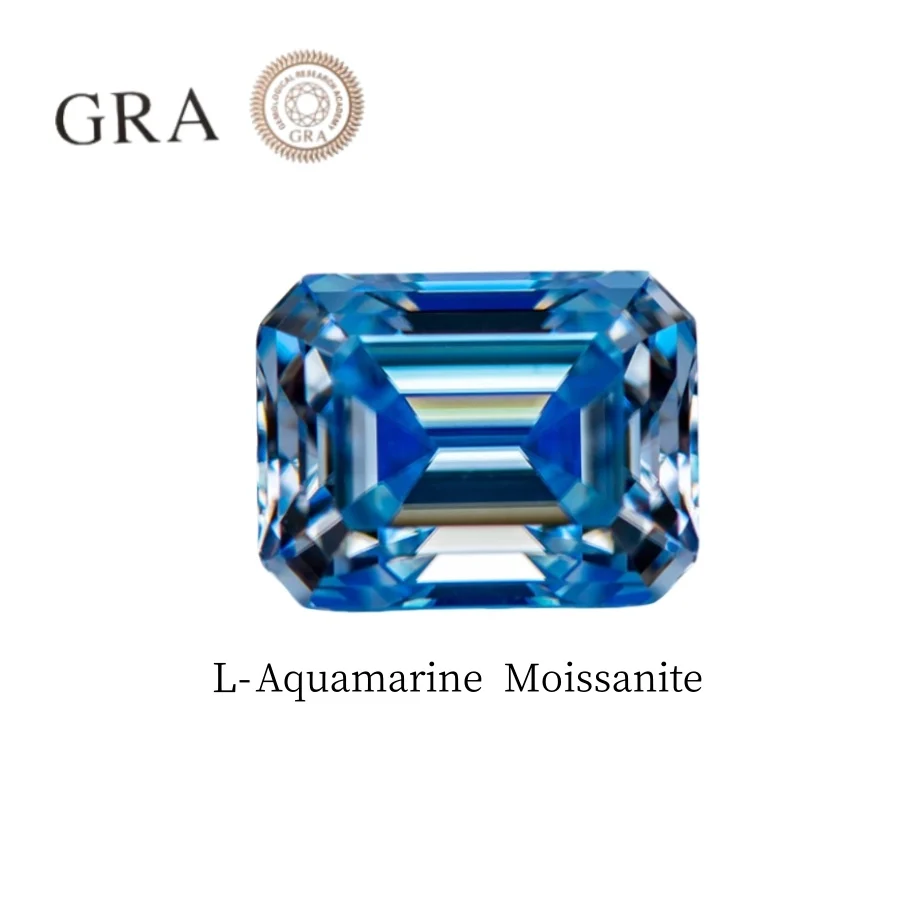 L-Aquamarine  Color Loose Moissanite  Gemstones with GRA Certificate  for DIY Jewelry Rings Earrings Making  Emerald Cut 1~5 CT