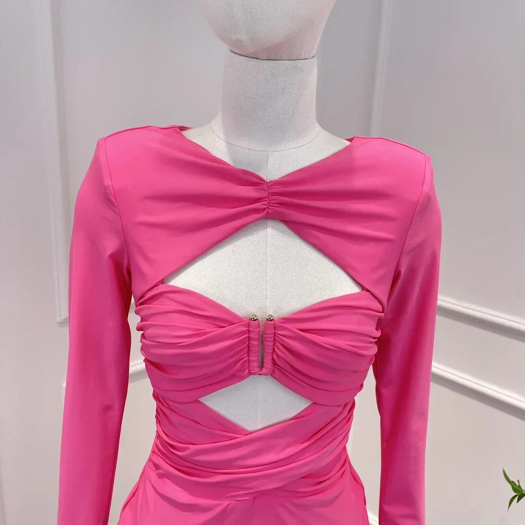 Rosa vermelha 2023 novo sólido primavera verão de alta qualidade sexy manga longa cintura cortar mulher preto midi vestido para festa