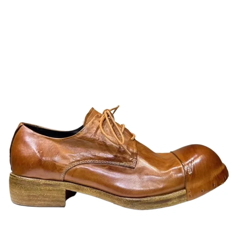 

European/American Derby Shoes for Men's Retro Washed Horseskin Hand Sewn Breathable Genuine Leather Sole Goodyear Leather Shoes