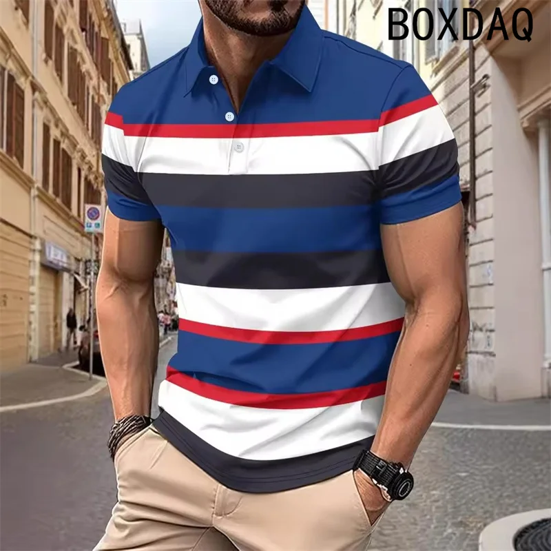 Men Summer Casual Short Sleeve Sport Polo shirt Men Lapel Button Casual Polo Shirt 3D Vintage Classics Striped Print Polo shirt
