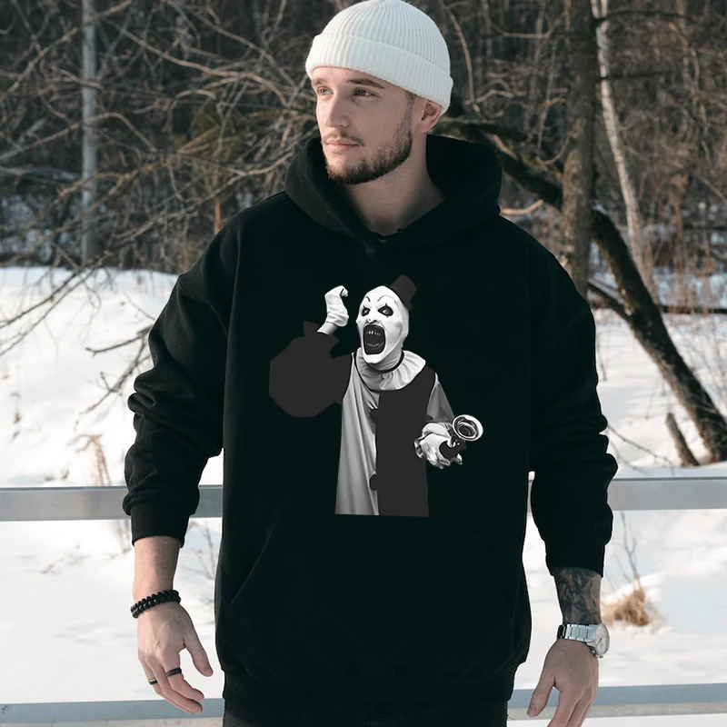 Terrifier art the clown horror Halloween print men's autumn and winter hoodie plus velvet sports sweater loose men's clothing