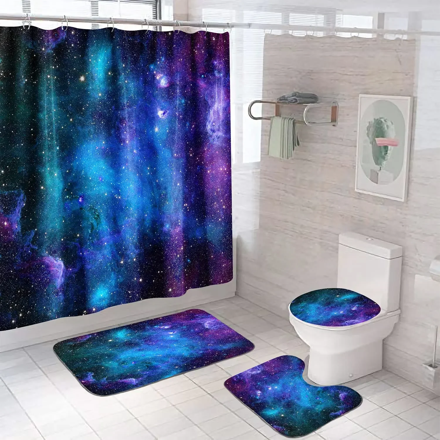 

Purple Galaxy Shower Curtain Set Non-Slip Rug Toilet Lid Cover Bath Mat Starry Space Shower Curtain Nebula Universe Bathroom Set