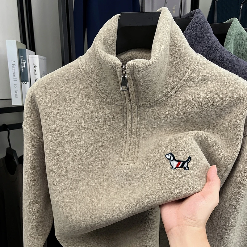 الخريف الشتاء الألمانية المخملية الرجال هوديس الوقوف طوق سستة الكلب التطريز البلوز عالية الجودة الدافئة موضة ملابس رجالية #4