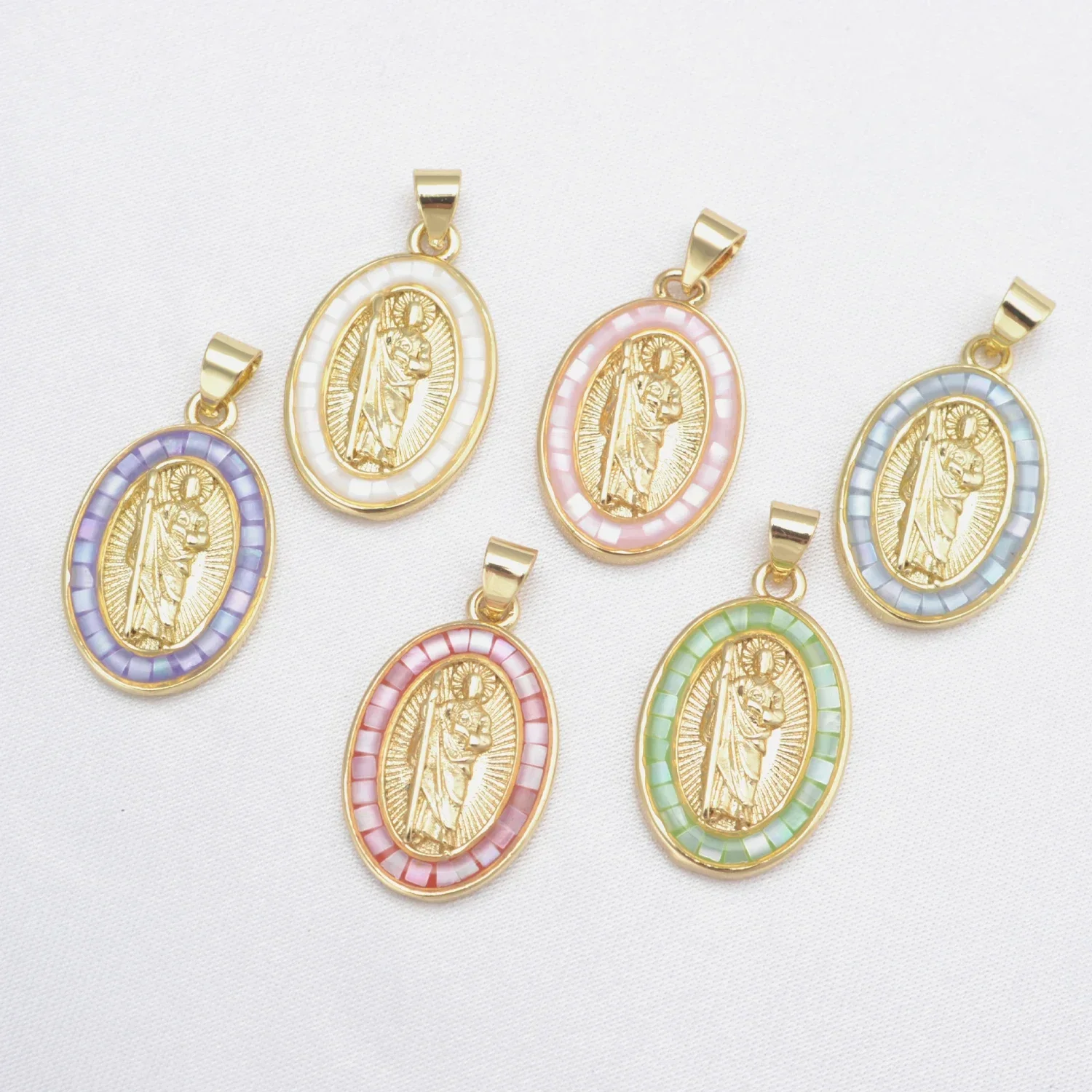 6 Pcs Color Shell Oval Pendant DIY Charm Necklace Jewelry Accessories Religious Christian Jewelry Woman Man Copper Plated Parts