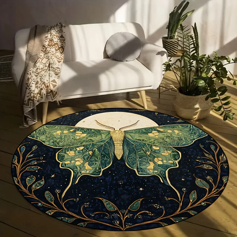 Moon Moth Art Round Rug Flannel Printed Carpet Boho Style Home Decor Cozy Soft Floor Mat Living Room Indoor Use