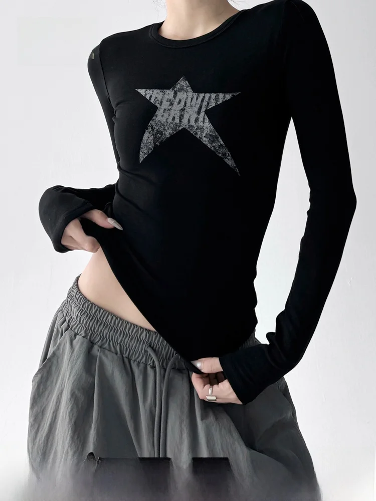 

Slim Fit Long Sve American Sle T-irt Women's High Waist Base irt Thinming Top Bla Color Fall Winter Season